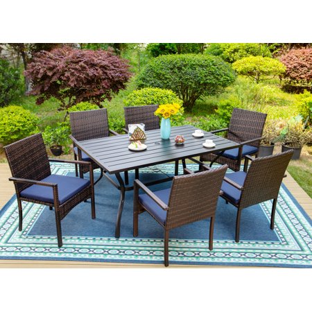 MF Studio 7 Pieces Outdoor Patio Dining Set, 6 Cushioned Wicker Chairs & 1 Metal Dining Table with Umbrella Hole for Porch, Balcony, Indoor