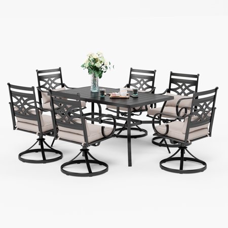 MF Studio 7 Pieces Patio Dining Set, Metal Dining Rectangle Table & 6 Pieces Outdoor Swivel Chairs with Cushion for Yard
