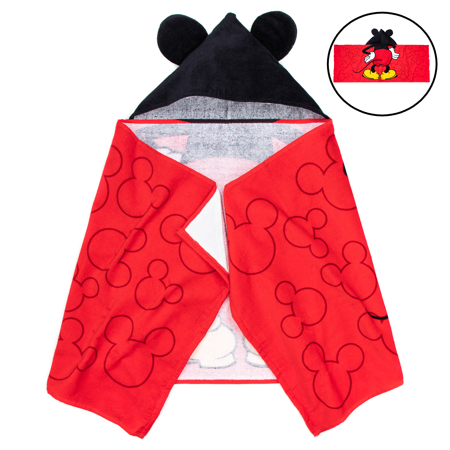 Mickey Mouse Kids Bath Hooded Towel Wrap, 51 x 22, Cotton, Red, Disney
