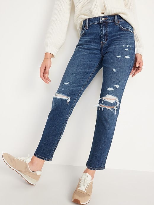 Mid-Rise Ripped Boyfriend Straight Jeans for Women