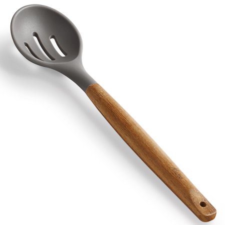 Miusco Non-Stick Silicone Cooking Slotted Spoon with Natural Acacia Hard Wood Handle, Grey, High Heat Resistant