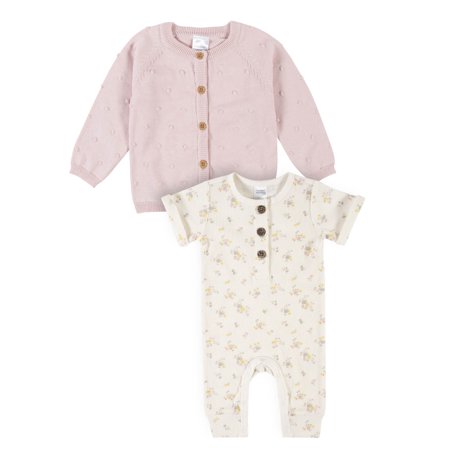 Modern Moments By Gerber Baby Girl Cardigan Sweater & Romper, 2-Piece Outfit Set, (0/3 Months - 24 Months)