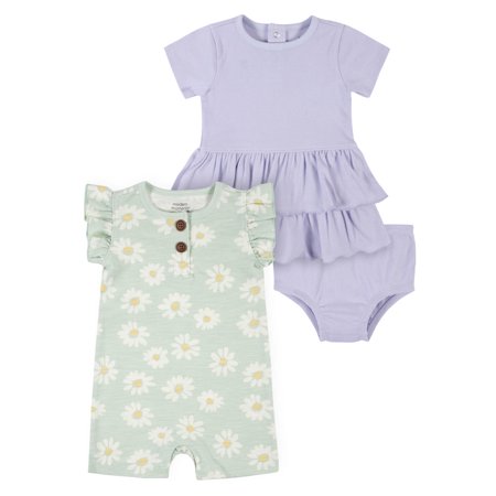 Modern Moments By Gerber Baby Girl Romper & Dress with Diaper Cover, 3-Piece Outfit Set, (0/3 Months - 24 Months)