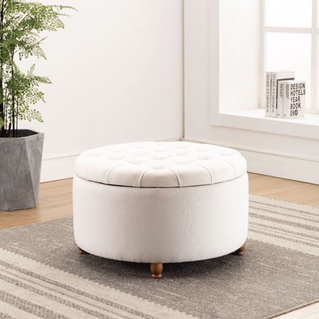 Modern Round Ottoman Footrest Stool - Luxurious Tufted Seat w/ Removable Top For Storage