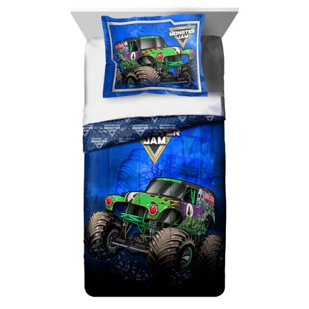 Monster Jam Kids 2-Piece Twin/Full Reversible Comforter and Sham Bedding Set, 100% Polyester, Blue