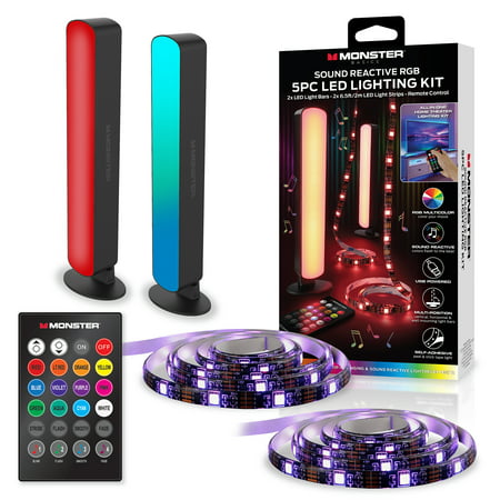 Monster Led 5 Piece Sound Reactive Multi-Color Indoor Led Light Kit, 2 Light Bars, 2 Light Strips