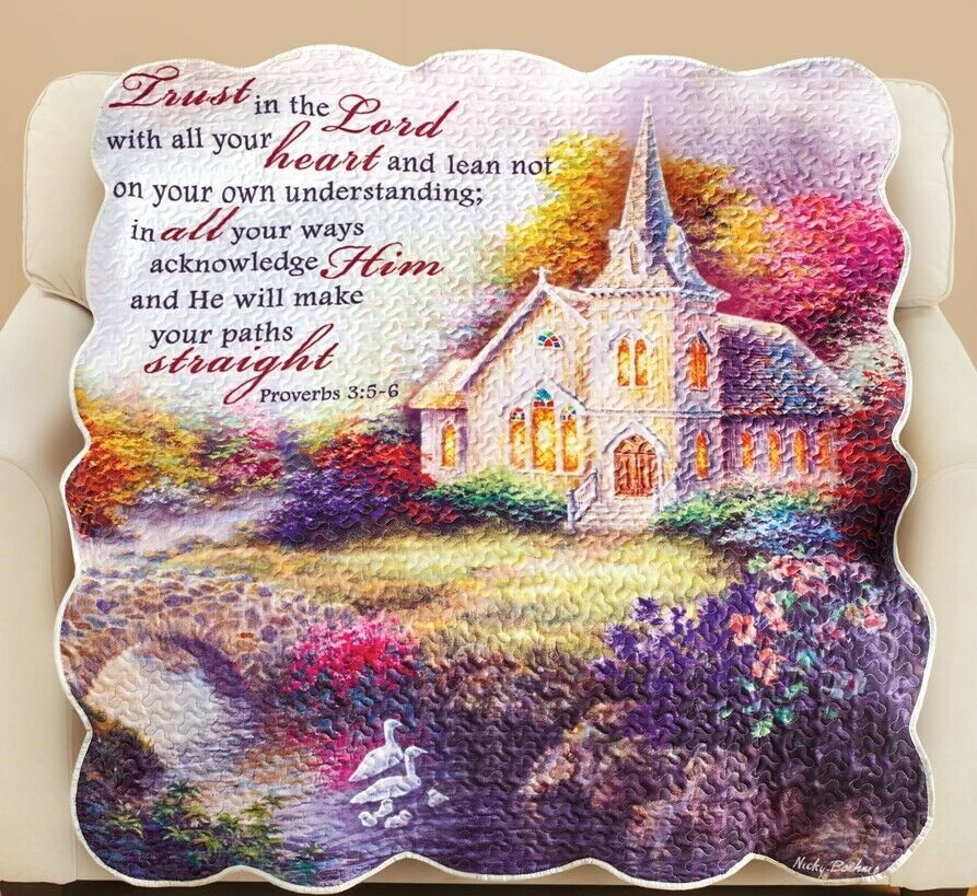 Mother's Day Easter Gifts for Mom Wife Quilted Church Scene Throw Blanket 60x50