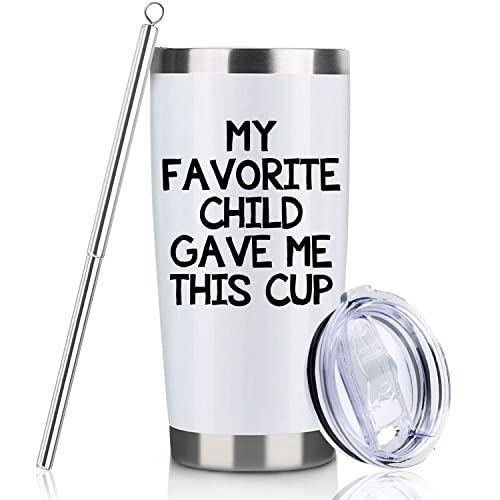 Mothers Day Gifts for Mom from Daughter Son Favorite Child 20oz Travel Tumbler Birthday Fathers Day Christmas Presents For Father Mother Who Want Nothing White Travel Cup with Lid Straw Brush MOTHERS DAY DEAL!