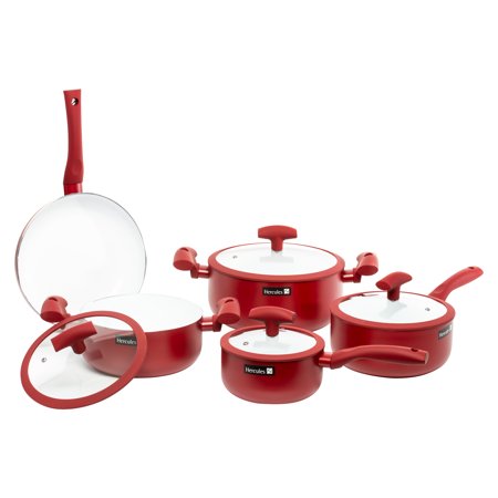 Mundial Hercules Nonstick Cookware Pots, Pans and Fry Pan Set, 9 Pieces, with Silicone Soft Touch Handles, Ceramic Coating Red