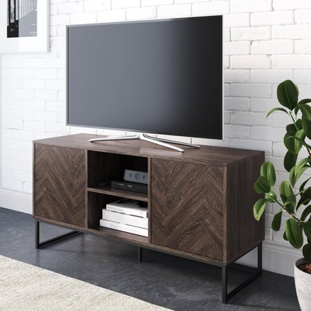 Nathan James Dylan Media Console Cabinet TV Stand with Hidden Storage Herringbone Pattern Wood Metal, Gray/Black