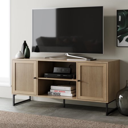 Nathan James Mina Modern TV Stand Entertainment Cabinet Media Console Oak Wood and Black Accents with Storage Doors