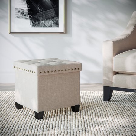Nathan James Payton Foldable Cube Storage Ottoman Footrest and Seat with Beige Fabric