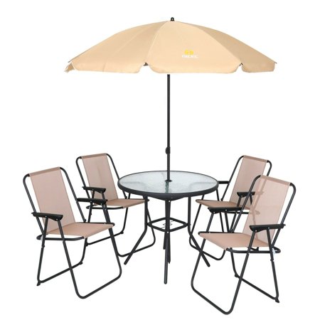 Nice C 6 Pieces Patio Dining Set 4-Person Patio 31.5’’ long Conversation Folding Dining Set with Umbrella, 1 Glass Round Table, and 4 Folding Chairs