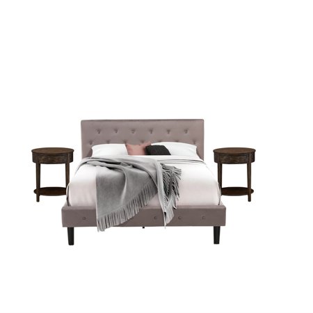NL14Q-2HI07 3 Piece Bedroom Set - Button Tufted Wooden Bed - Brown Taupe Velvet Fabric Upholstered Headboard and a Distressed Jacobean Finish Nightstand