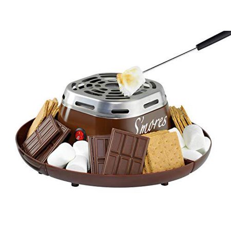 nostalgia indoor electric stainless steel s'mores maker with 4 compartment trays for graham crackers, chocolate, marshmallows and 2 roasting forks, brown