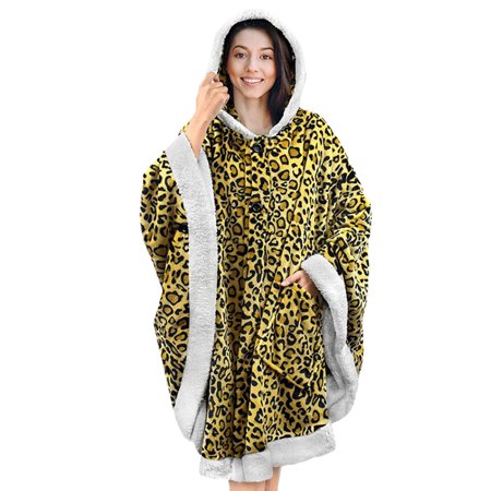 Npolar Hoodie Blanket Wrap Wearable Hoodie Snuggle Robe Sweatshirt Soft Lined Cuddle Poncho Cape with Hat 2 Pockets Buttons Leopard