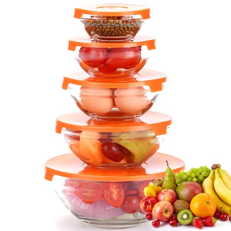 Nuita Glass Mixing Bowls - Nesting Bowls - Space-Saving Glass Bowls With Lids Food Storage - Set of 5 Stackable Microwave Glass Containers - Glass Storage Bowls Glass Bowls For Cooking