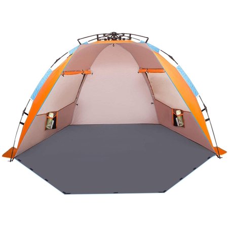 Oileus X-Large 4 Person Beach Tent Sun Shelter - Portable Sun Shade Pop Up Tents for Beach with Carrying Bag, Stakes, 6 Sand Pockets, Anti UV for Fishing Hiking Camping, Waterproof Windproof, Orange