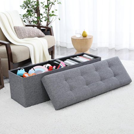 Ornavo Home Foldable Tufted Linen Large Storage Ottoman Bench Foot Rest Stool/Seat - 15&Quot; X 45&Quot; X 15&Quot;
