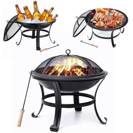 Outdoor Fire Pit Set, Wood Burning Metal BBQ Grill Firepits Bowl With Spark Screen/Poker/Log Grate Multifunctional for Outside Camping Picnic Patio Backyard Garden - 22 inch