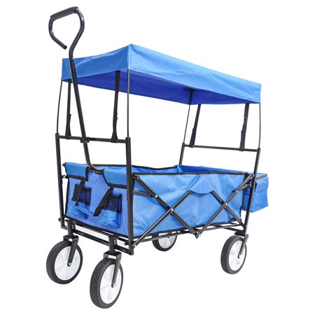 Outdoor Folding Utility Wagon with Canopy, Collapsible Beach Wagon Cart with 360 Rotating Wheels and Cup Holder, Portable Garden Wagon for Camping, Picnic, Beach, Shopping, TR26