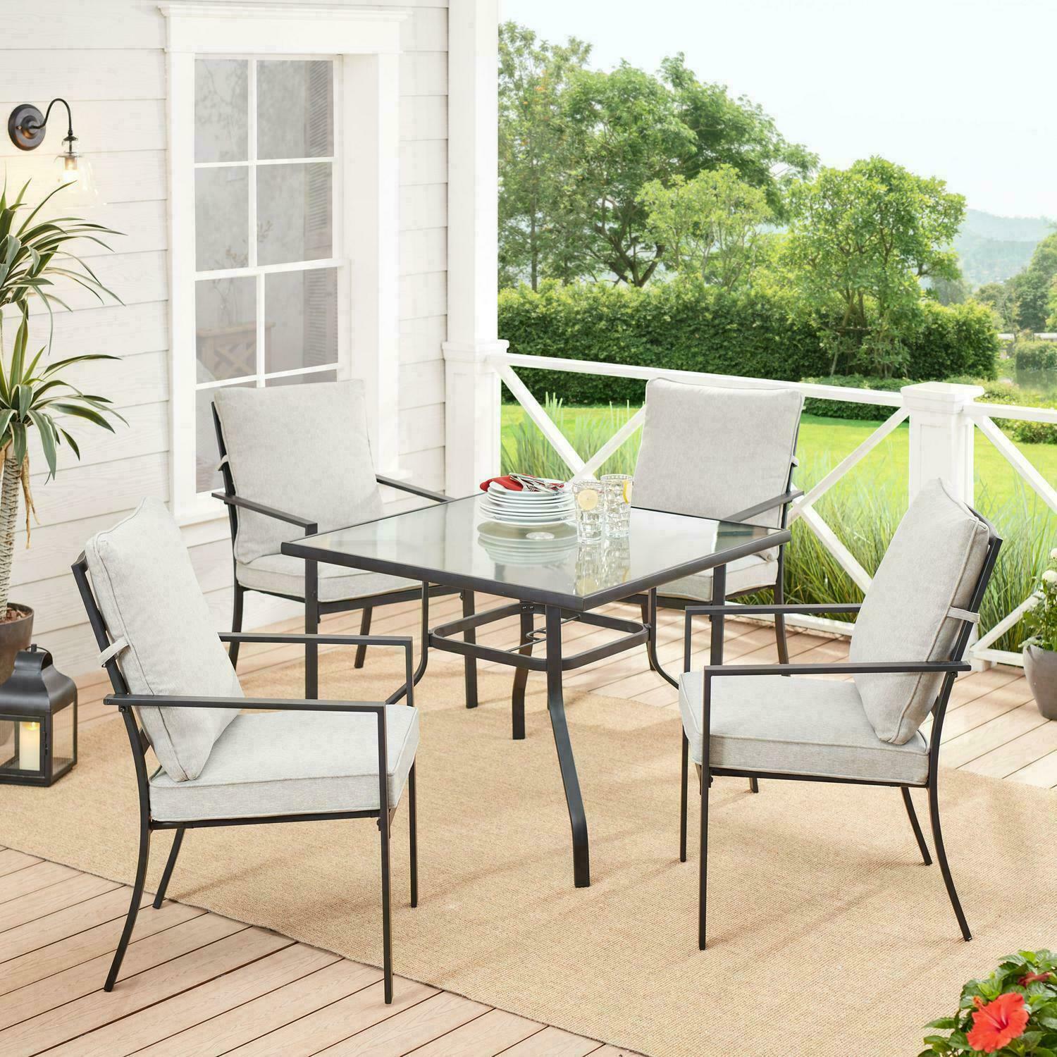 Outdoor Patio Dining Set 5-Pc 4 Soft Cushion Chair Glass Table Garden Furniture
