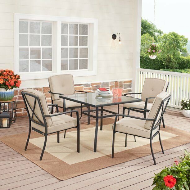 Outdoor Patio Dining Set 5-Pc Beige 4 Soft Cushion Chair Table Garden Furniture