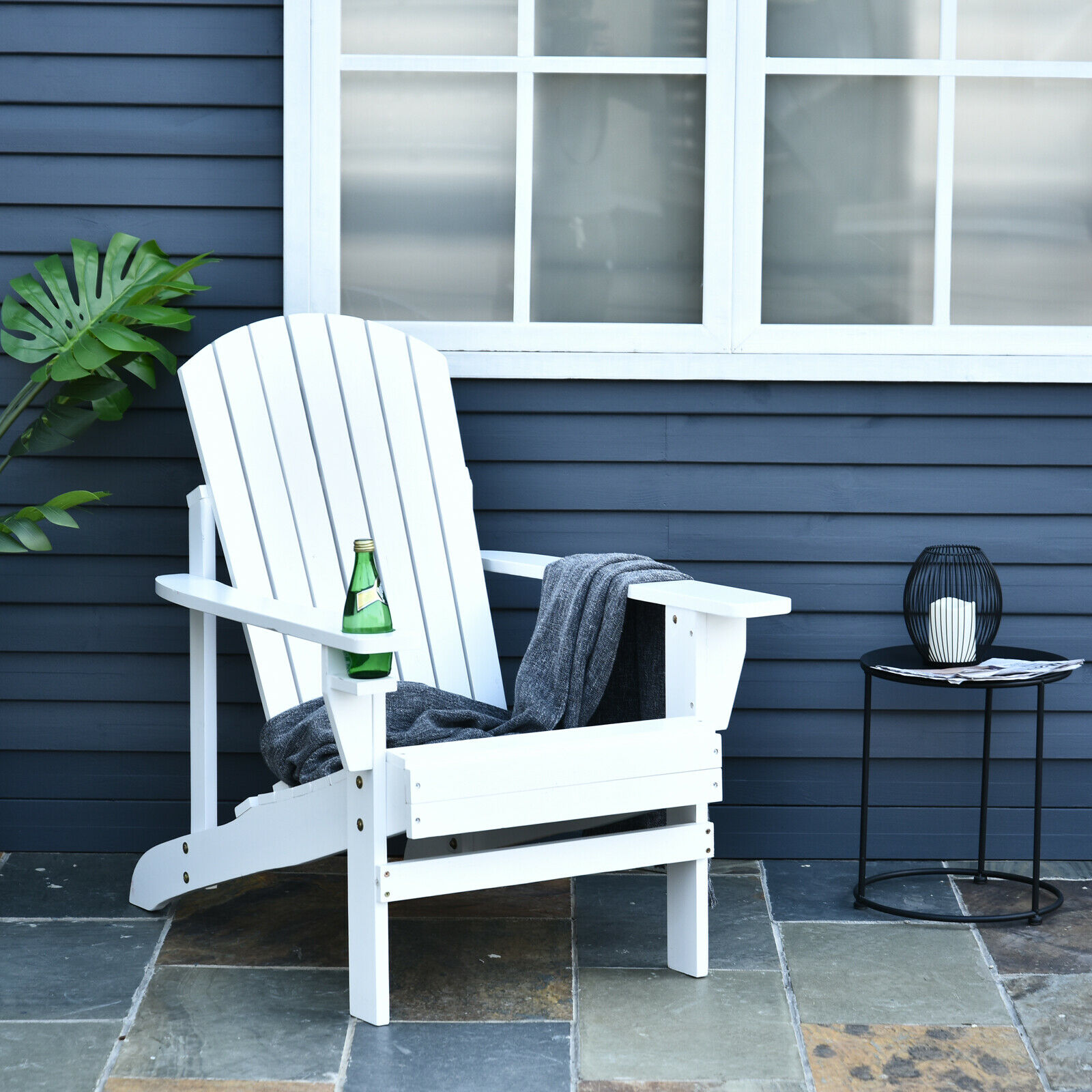 Outdoor Patio Wooden Adirondack Chair Deck Lounge w/ Cup Holder White