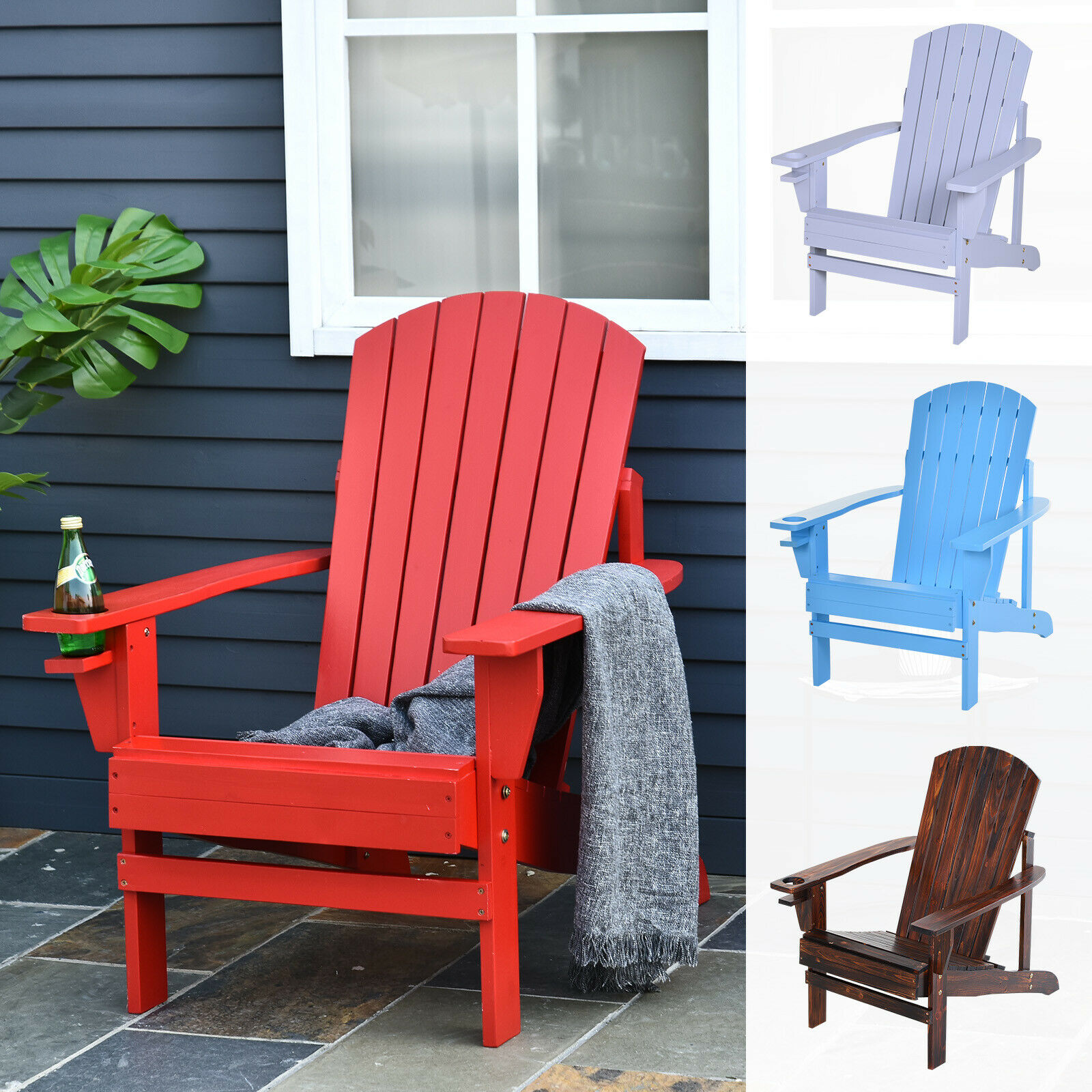 Outdoor Patio Wooden Adirondack Chair Lounge w/Cup Holder Deck Garden Furniture