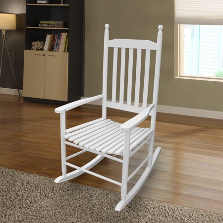 Outdoor Rocking Chair, Wooden Rustic High Back All Weather Rocker, Slatted for Indoor, Backyard & Patio, (White, 24.5" x 32.85" x 45.25")