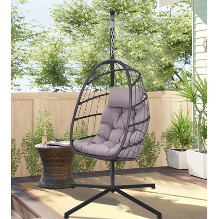 Outdoor Swing Chair, Wicker Egg Chair with Stand and Cushions, Hanging Chair for Bedroom Patio Porch Balcony, Hammock Chair Outdoor Lounger, Gray