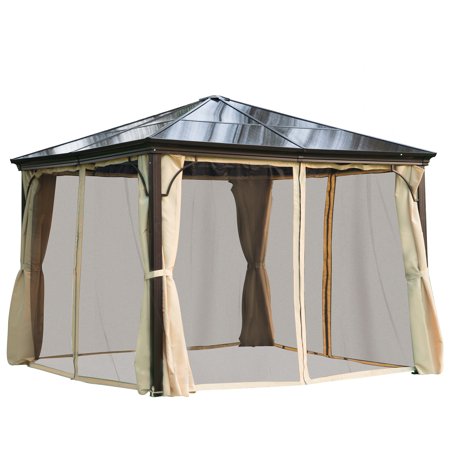 Outsunny 10' x 10' Aluminum Frame and Polycarbonate Hardtop Gazebo Canopy Cover with Mesh Net Curtains & Durability