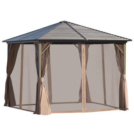 Outsunny 10’ x 10' Hardtop Gazebo with Netting Curtains and Sidewalls, Steel Top and Aluminum Frame, Brown