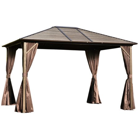Outsunny 10’ x 12’ Steel Hardtop Gazebo with Netting Curtains and Sidewalls, Brown and Black