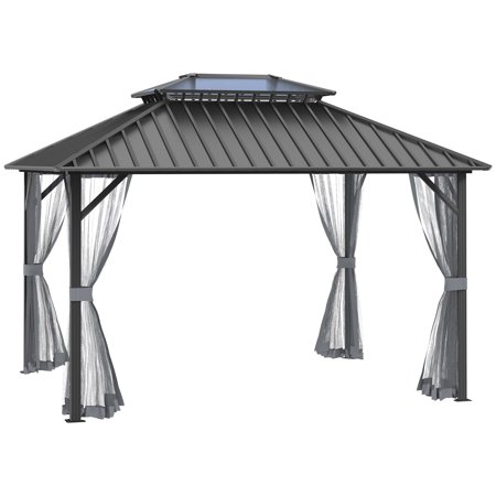 Outsunny 12' x 10' Hardtop Gazebo Steel & Polycarbonate Canopy Outdoor Pergola with Aluminum Frame and Netting for Patios, Gardens, Lawns, Black