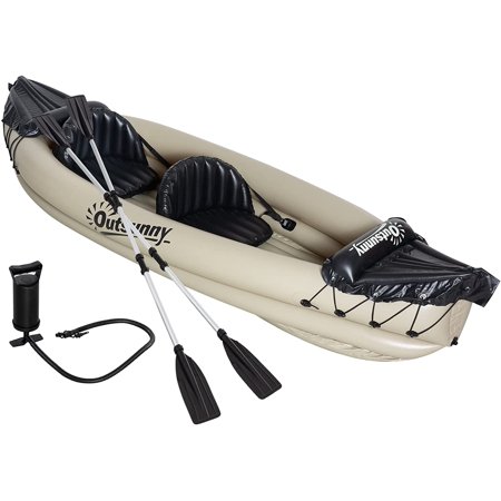 Outsunny Inflatable Kayak, 2-Person Inflatable Boat Canoe Set with Sit Top, Air Pump, Aluminum Oars for Fishing, Beige