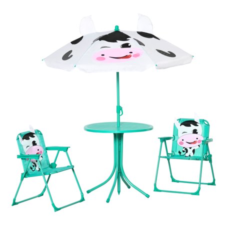 Outsunny Kids Picnic Table and Chair Set, Outdoor Folding Garden Furniture, for Patio Backyard, with Dairy Cow Pattern, Removable & Height Adjustable Sun Umbrella, Aged 3-6 Years Old