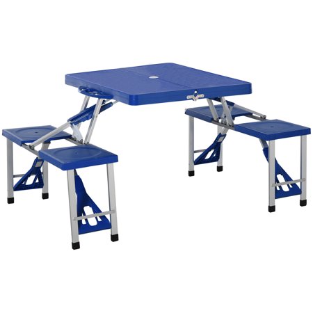 Outsunny Portable Foldable Camping Picnic Table with Seats Chairs and Umbrella Hole, 4-Person Fold Up Travel Picnic Table, Blue