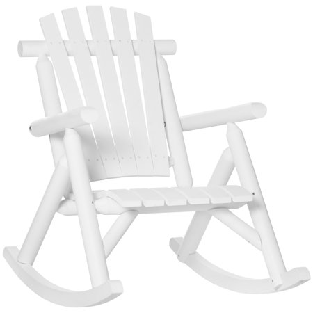 Outsunny Wooden Rustic Rocking Chair, Indoor Outdoor Adirondack Log Rocker with Slatted Design for Patio, Lawn, White