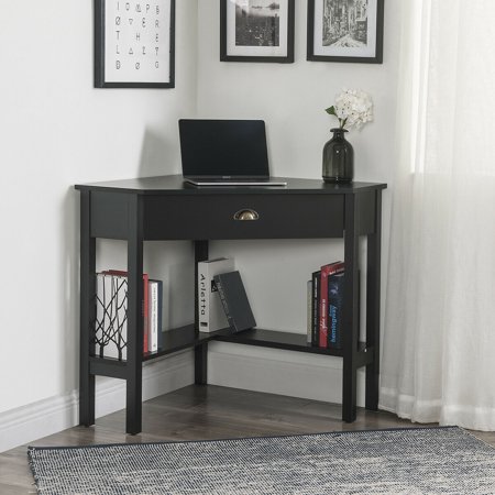 Ouyessir Corner Desk with Hutch, 90 Degrees Triangle Corner Computer Desk with Keyboard Tray & Bookshelves for Small Space, Space Saving Corner Writing Desk with Storage Shelves for Bedroom Apartment（