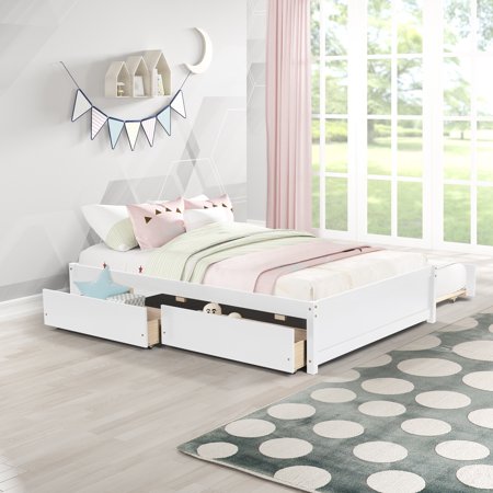 Ouyessir Full Size Platform Bed, Solid Wood Full Size Bed Frame with Twin Size Trundle Bed and 2 Storage Drawers,Storage Bed for Kids Teens Bedroom,No Spring Box Needed ( White)
