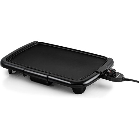 Ovente Electric Indoor Kitchen Griddle 16 x 10 Inch Nonstick Flat Cast Iron Grilling Plate, 1200 Watt with Temperature Control and Oil Drip Tray Perfect for Cooking Pancake, Breakfast, Black GD1610B