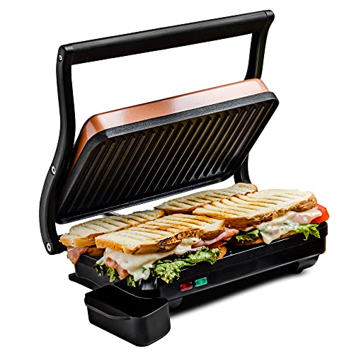 Ovente Electric Indoor Panini Press Grill with Non-Stick Double Flat Cooking Plate & Removable Drip Tray, Countertop Sandwich Maker Toaster Easy Storage & Clean Perfect for Breakfast, Copper GP0620CO On Sale At Amazon.com