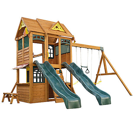 Overland Heights Wooden Swing Set with Two Slides, Monkey Bar and 3 Swings