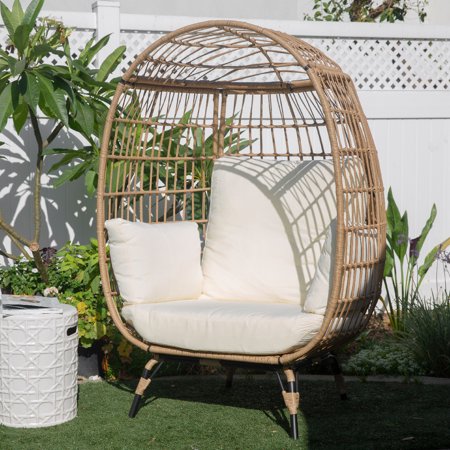Oversized Wicker Egg Chair Patio Lounger for Indoor/Outdoor W/ Cushion (Beige/White)