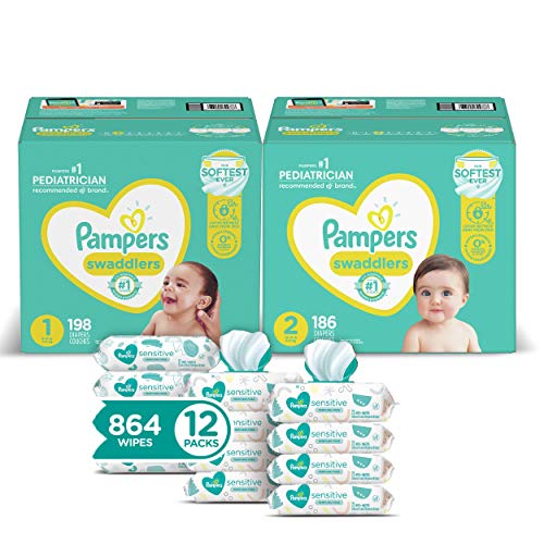 Pampers Baby Diapers and Wipes Starter Kit, Swaddlers Disposable Baby Diapers Sizes 1 (198 Count) & (186 Count) with Sensitive Water-Based Baby Wipes, 12 Pop-Top and Refill Combo Packs, 864 Count On Sale At Amazon.com
