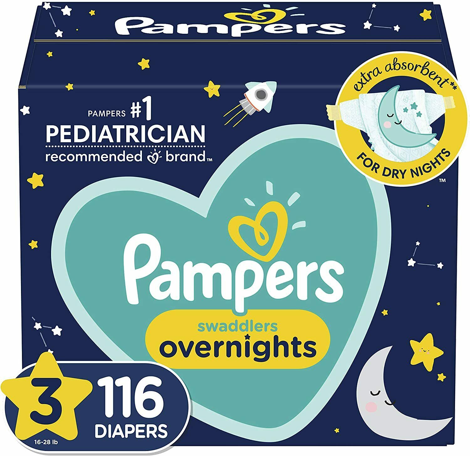 Pampers Diapers Size 3, 116 Count - Swaddlers Overnights Disposable Baby Diapers