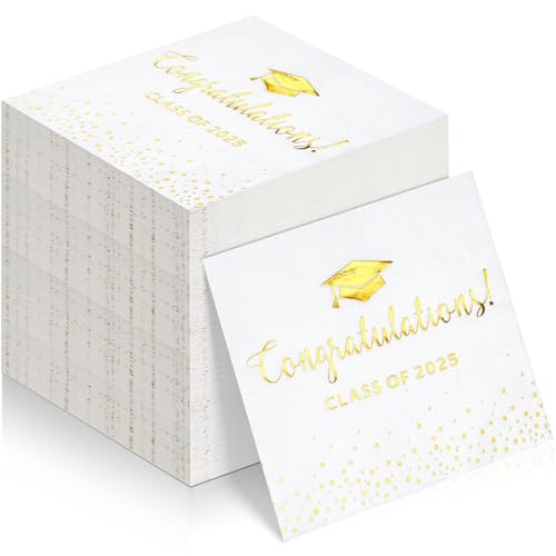 100Pcs Class Of 2025 Graduation Napkins, Disposable Congratulation Grad Paper Cocktail Napkins Square Guest Hand Towel For 2025 High School University College Graduation Party Decorations (Gold)