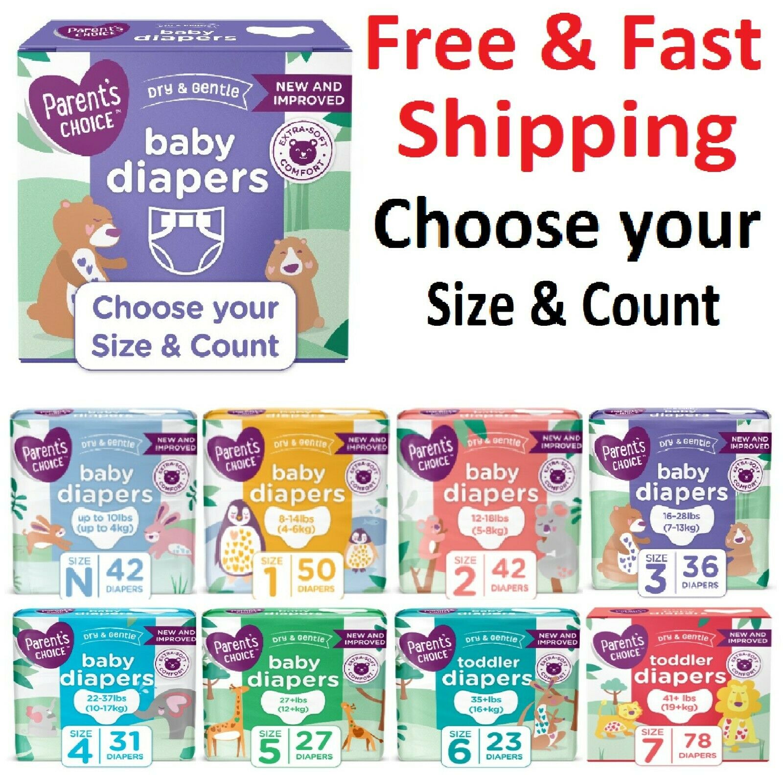Parent's Choice Disposable Diapers Baby Diapers Size Newborn, 1,2,3,4,5,6,7
