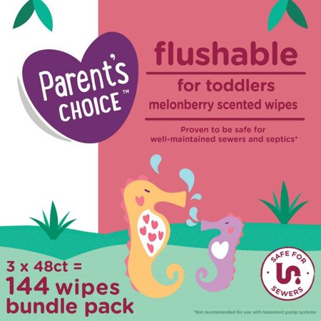 Parent's Choice Flushable Baby Wipes, Unscented, 3 Flip-Top Packs (144 Total Wipes)